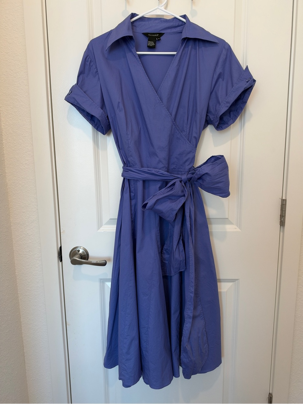 Sandro Paris Women’s Blue Wrap Midi Shirt Dress Size 14 Belted Cotton Stretch